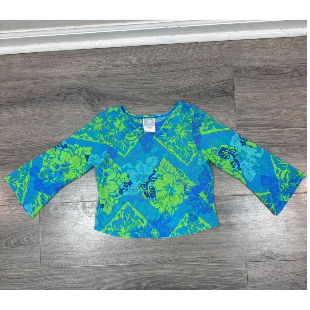 Speedo Girls 3 Piece Y2K Swim Set Bikini Rashguard Cover Up Floral Blue Green 12